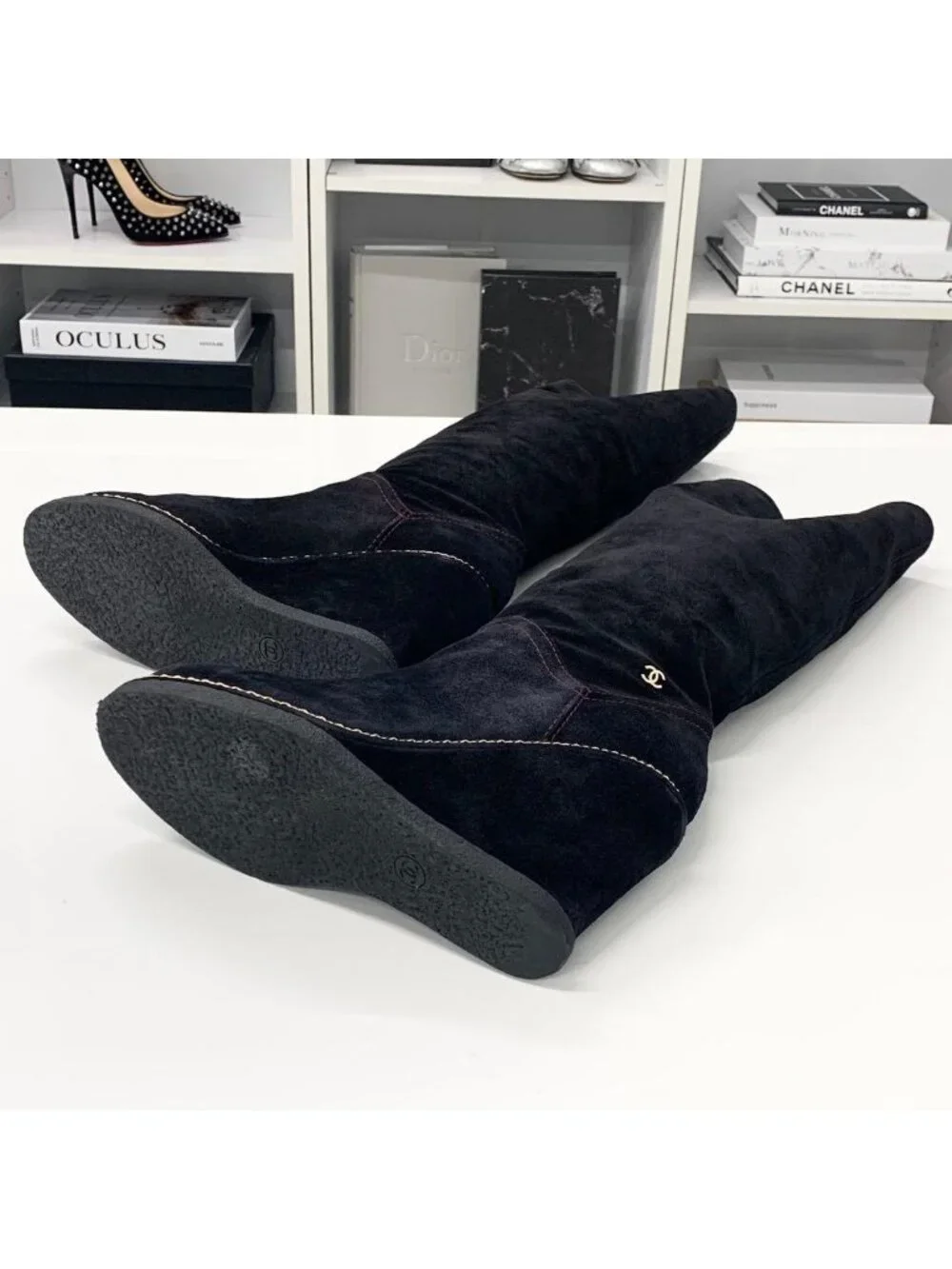 Chanel Suede CC Logo Chain Wedge Sole Long Boots Black